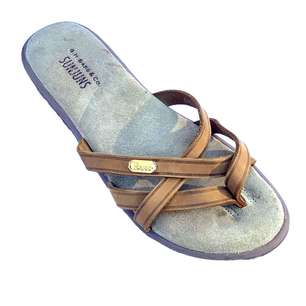 Sunjuns GH Bass Leather Sandals Thong Fip Flop 7 Sharon Strappy Tan Flat Padded